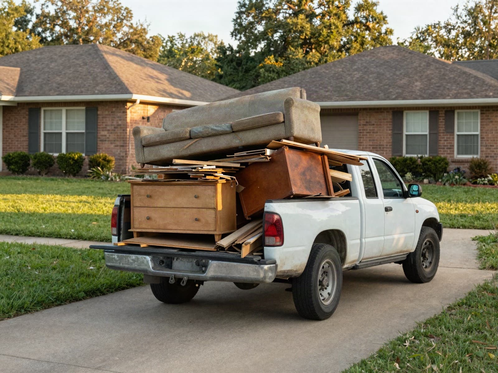 A pickup truck loaded with an old couch, a dresser, and scrap lumber parked in a suburban driveway.